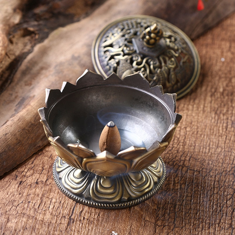 Lotus Flower Incense Burner Buddhism Buddha Holder Brass Mini Sandalwood Censer Incense Metal Craft Home Decoration Spiritual Vibes Check